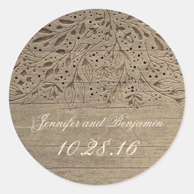 Rustic Engraved Flowers Wood Wedding Classic Round Sticker (Front)