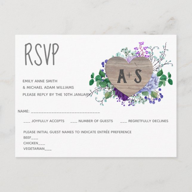 Rustic Engraved Heart Monogram RSVP Floral Wood Invitation Postcard (Front)