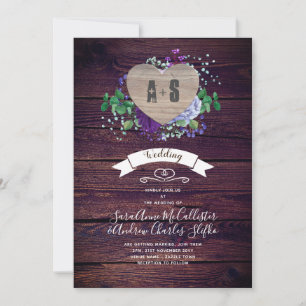 Rustic Engraved Wood Heart Monogram Floral Fall Invitation