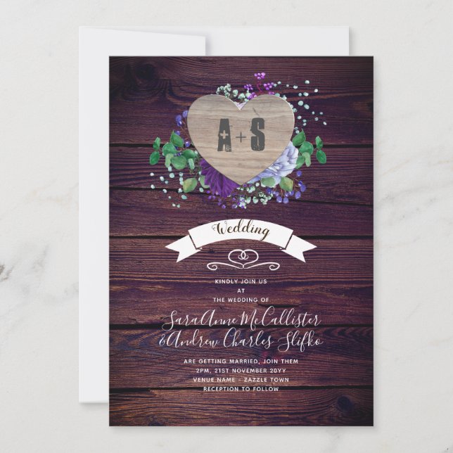 Rustic Engraved Wood Heart Monogram Floral Fall Invitation (Front)