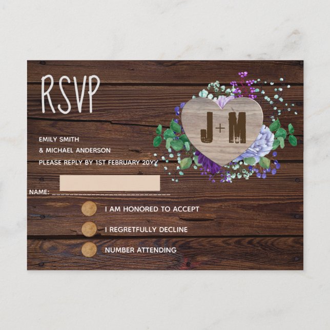 Rustic Engraved Wood Heart Monogram Floral Fall Invitation Postcard (Front)