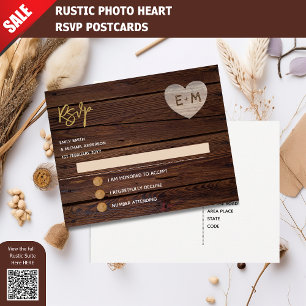 Rustic Engraved Wood Heart Monogram RSVP Invitation Postcard