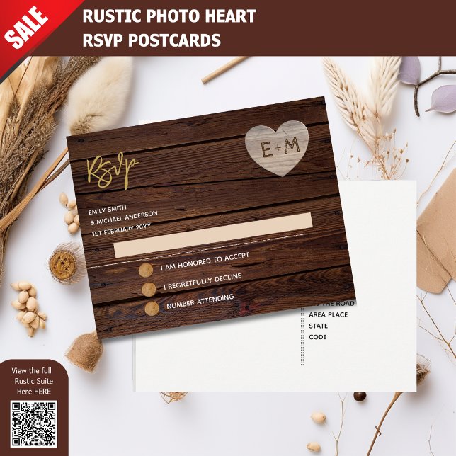 Rustic Engraved Wood Heart Monogram RSVP Invitation Postcard (Creator Uploaded)