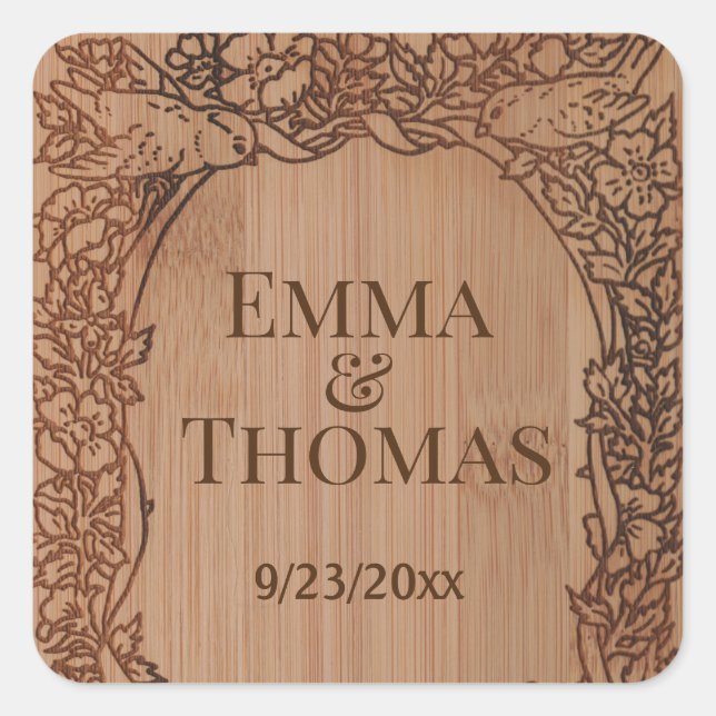 Rustic Engraved Wood Wedding Name Floral Square Sticker (Front)