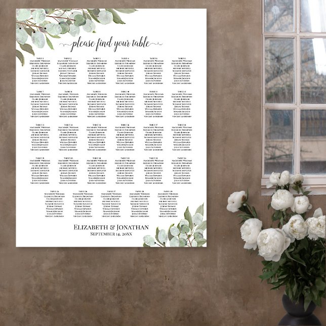 Rustic Eucalyptus 29 Table Wedding Seating Chart (In Situ on Wall with Flowers)