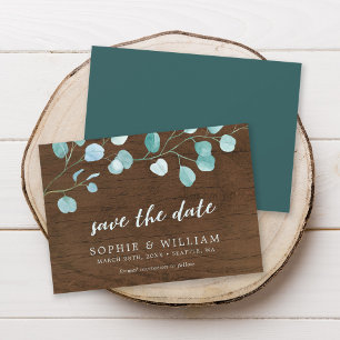 Rustic Eucalyptus & Brown Wood Save the Date Card