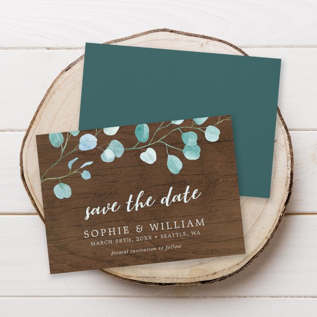 Rustic Eucalyptus & Brown Wood Save the Date Card (Creator Uploaded)