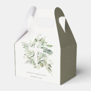 Rustic Eucalyptus Fern Foliage Cross Christening  Favor Box
