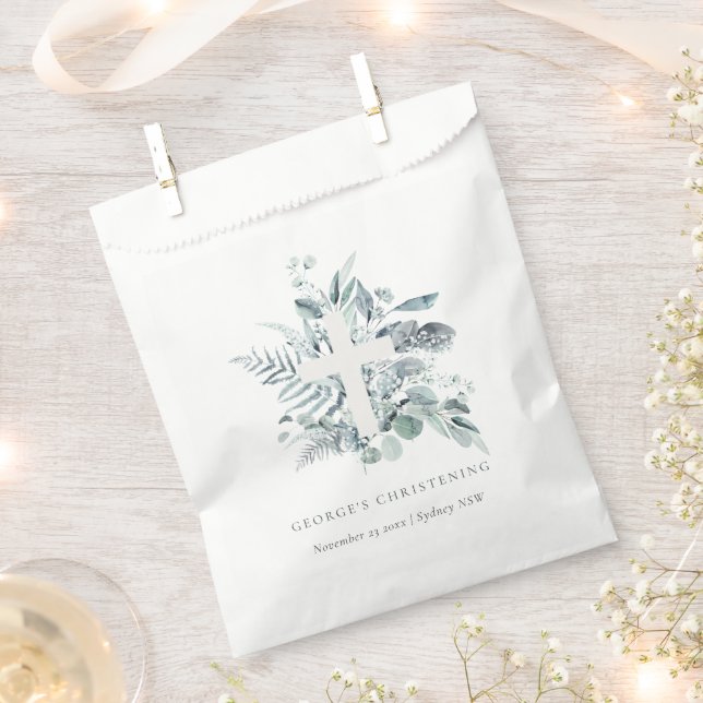 Rustic Eucalyptus Fern Foliage Cross Christening Favour Bag (Clipped)