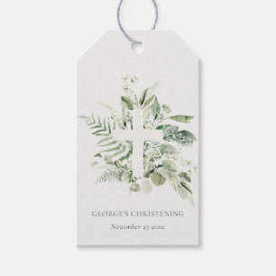 Rustic Eucalyptus Fern Foliage Cross Christening  Gift Tags