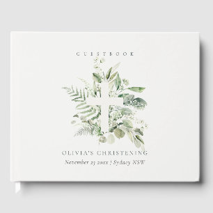 Rustic Eucalyptus Fern Foliage Cross Christening Guest Book