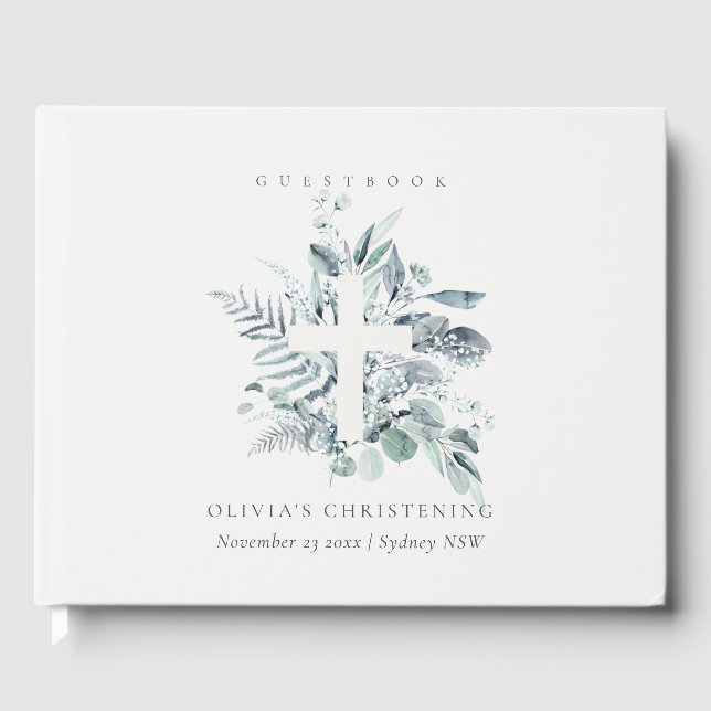 Rustic Eucalyptus Fern Foliage Cross Christening Guest Book (Front)