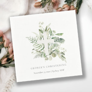 Rustic Eucalyptus Fern Foliage Cross Christening  Napkin
