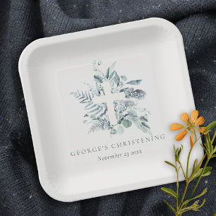 Rustic Eucalyptus Fern Foliage Cross Christening Paper Plate