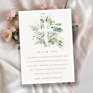 Rustic Eucalyptus Fern Foliage Cross Christening Thank You Card