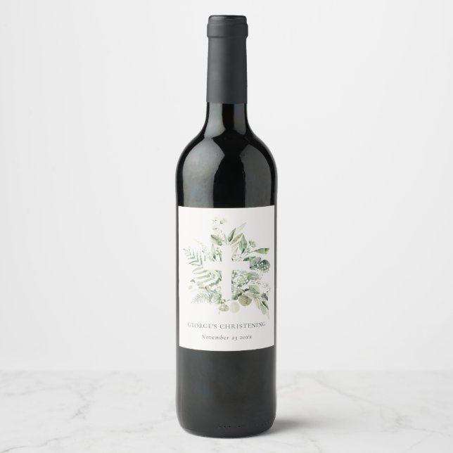Rustic Eucalyptus Fern Foliage Cross Christening Wine Label (Front)