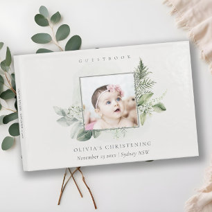 Rustic Eucalyptus Fern Foliage Photo Christening Guest Book