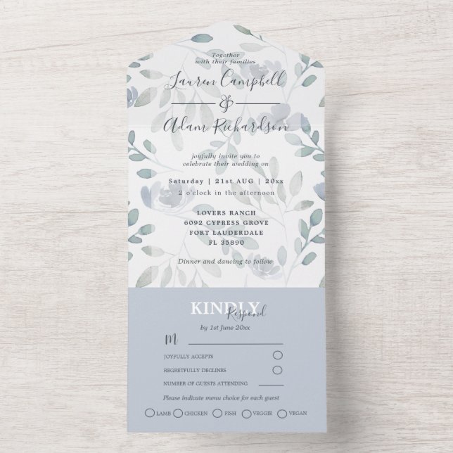 Rustic Eucalyptus Floral Dusty Blue Wedding   All  All In One Invitation (Inside)