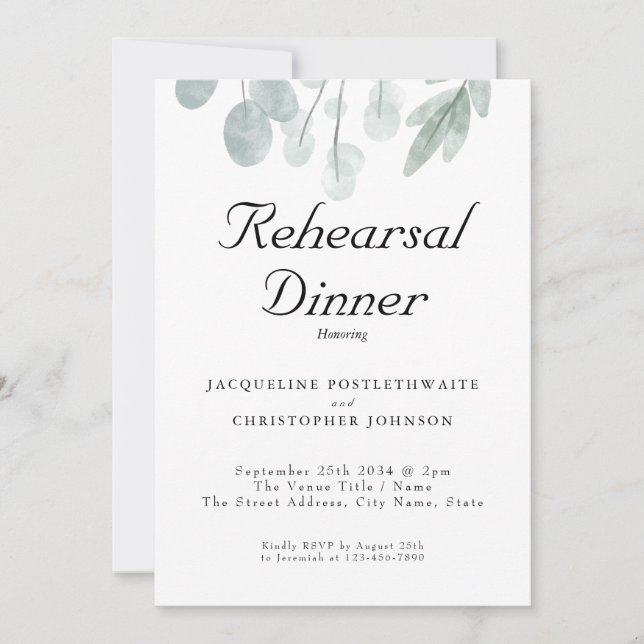 Rustic Eucalyptus Floral Wedding Rehearsal Dinner Invitation (Front)