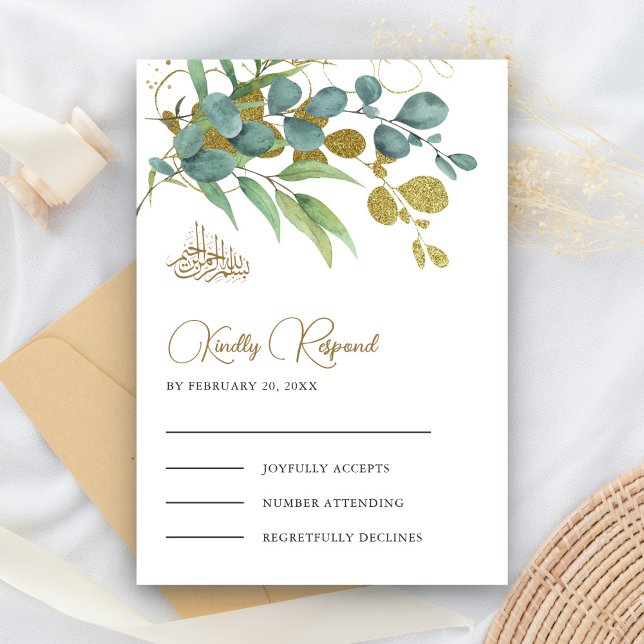 Rustic Eucalyptus Gold Branch Islamic Wedding RSVP Card (Creator Uploaded)