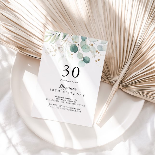 Rustic Eucalyptus Gold Floral 30th Birthday Party Invitation (Creator Uploaded)