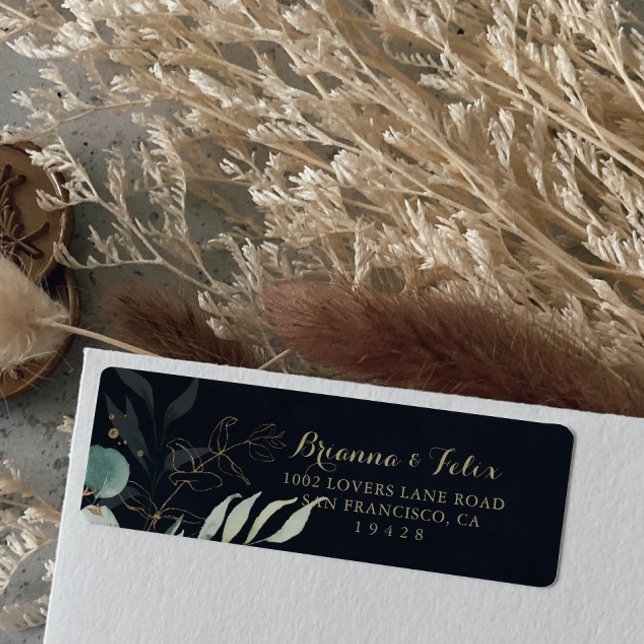 Rustic Eucalyptus Gold Floral Blue Adresse de reto (Créateur téléchargé)