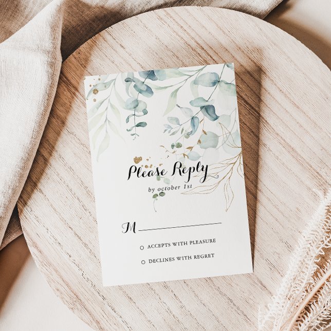 Rustic Eucalyptus Gold Floral Calligraphy RSVP Card (Creator Uploaded)