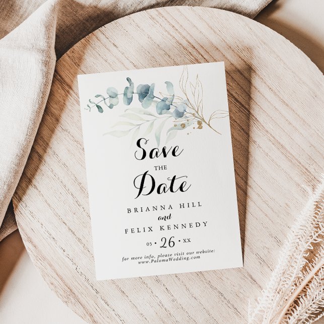Rustic Eucalyptus Gold Floral Calligraphy Wedding Save The Date (Creator Uploaded)