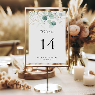 Rustic Eucalyptus Gold Floral Calligraphy Wedding Table Number