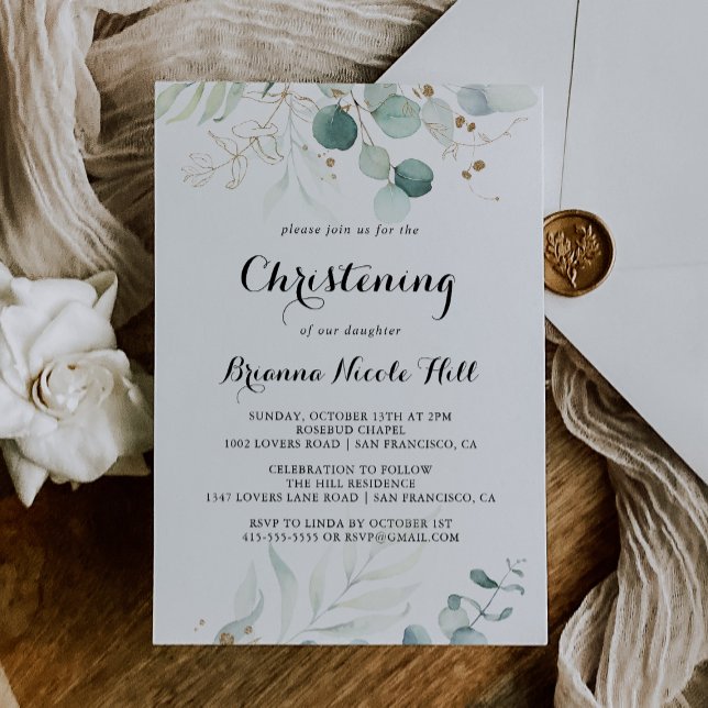 Rustic Eucalyptus Gold  Floral Christening Invitation (Creator Uploaded)
