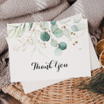 Rustic Eucalyptus Gold Floral Flat Wedding Thank You Card<br><div class="desc">This rustic eucalyptus gold floral flat wedding thank you card is perfect for a simple wedding. This artistic design features hand-drawn gold floral and watercolor eucalyptus green foliage, inspiring natural beauty. Personalize the inside of the card with your names, and a thank you message. Or, leave the thank you message...</div>
