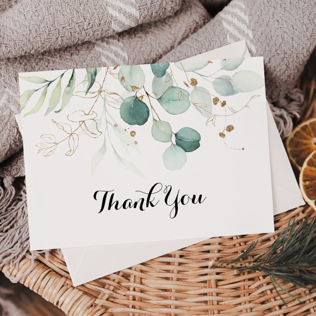 Rustic Eucalyptus Gold Floral Flat Wedding Thank You Card (Creator Uploaded)