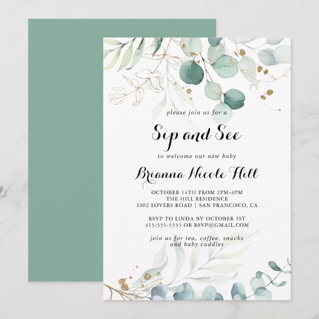 Rustic Eucalyptus Gold Floral Sip and See Invitation (Front/Back)