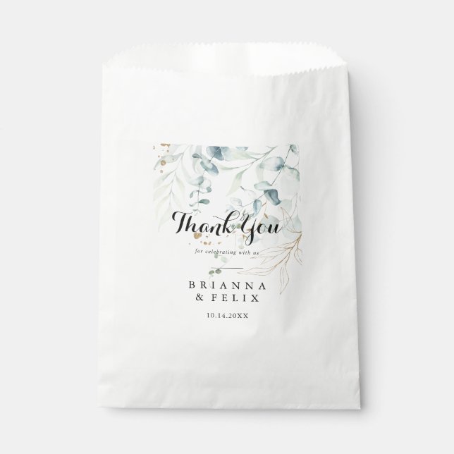 Rustic Eucalyptus Gold Floral Thank You Wedding Favour Bag (Front)