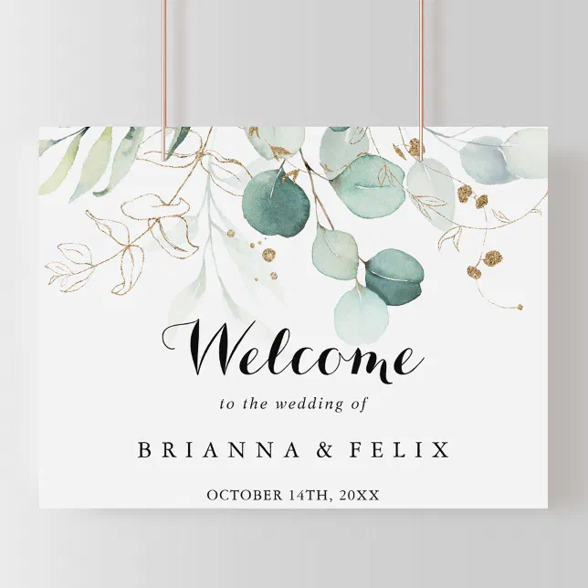 Rustic Eucalyptus Gold Floral Wedding Welcome Sign | Zazzle
