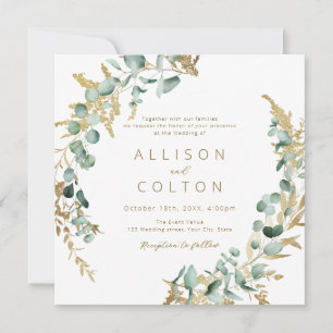 rustic eucalyptus gold gold greenery wedding invitation