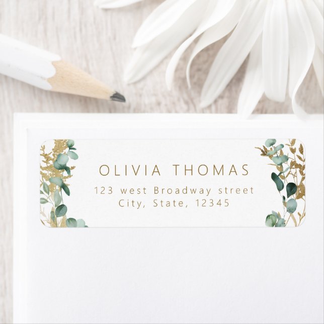 Rustic eucalyptus gold & green boho return address (Insitu)