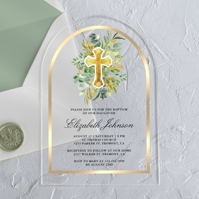 Rustic Eucalyptus Gold Greenery Arch Baptism Acrylic Invitations (Creator Uploaded)