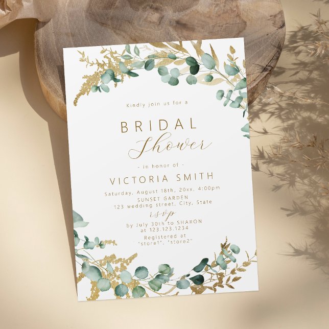 Rustic eucalyptus gold greenery boho bridal shower invitation (Rustic eucalyptus gold greenery boho bridal shower invitation)