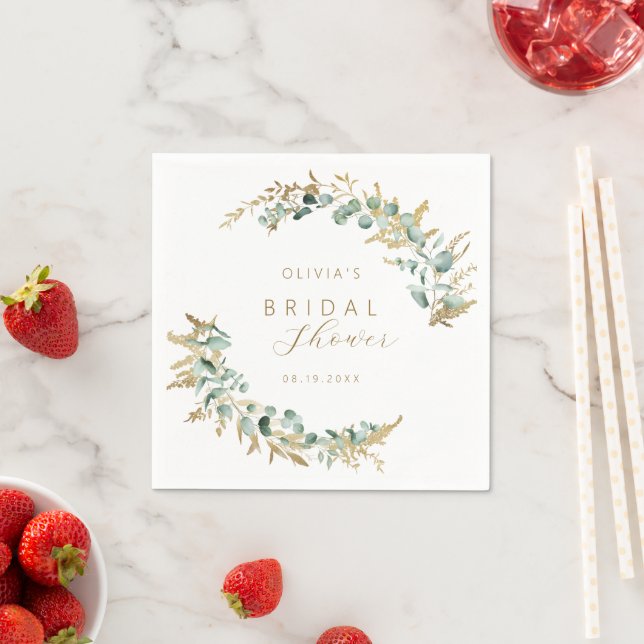 Rustic eucalyptus gold greenery boho Bridal Shower Napkin (Insitu)