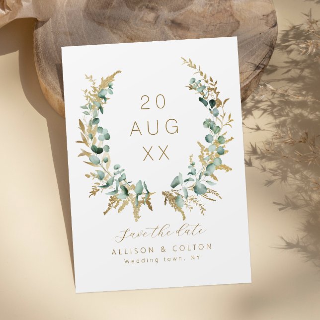 Rustic eucalyptus gold greenery boho save the date (Rustic eucalyptus gold greenery boho save the date)
