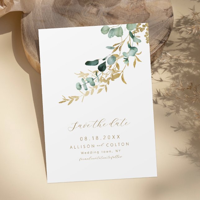Rustic eucalyptus gold greenery boho save the date (Rustic eucalyptus gold greenery boho save the date)