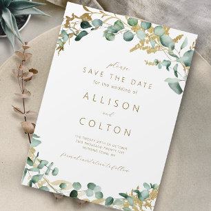 Rustic eucalyptus gold greenery boho save the date