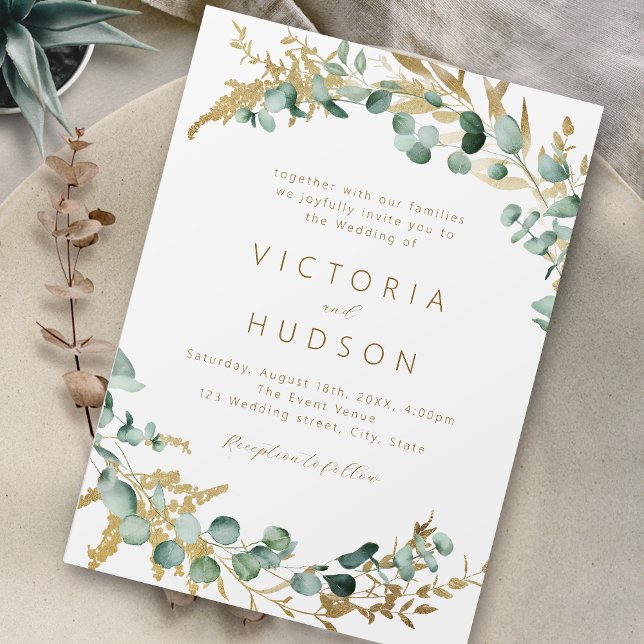 Rustic eucalyptus gold greenery boho wedding invitation (Creator Uploaded)