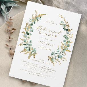 Rustic eucalyptus gold greenery Rehearsal Dinner Invitation