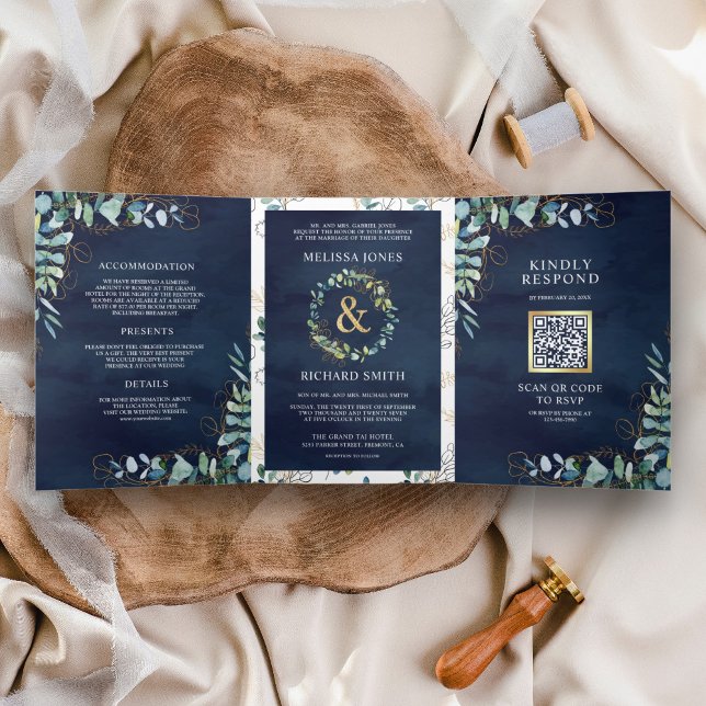 Rustic Eucalyptus Gold Navy Blue QR Code Wedding Tri-Fold Invitation (Creator Uploaded)