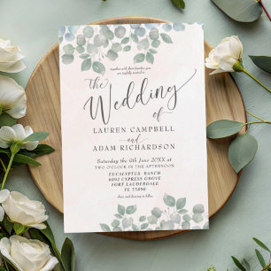 Rustic Eucalyptus Green & Coral Watercolor Wedding Invitation