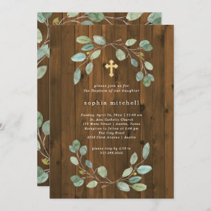 Rustic Eucalyptus Greenery and Gold Cross Baptism Invitation
