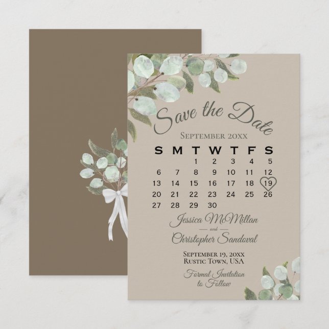 Rustic Eucalyptus Greenery Calendar Tan Wedding Save The Date (Front/Back)