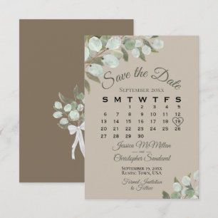 Rustic Eucalyptus Greenery Calendar Tan Wedding Save The Date